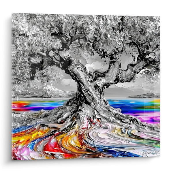 Tableau Olivier gris et racines multicolores - Éveil des racines - Edition Olivier