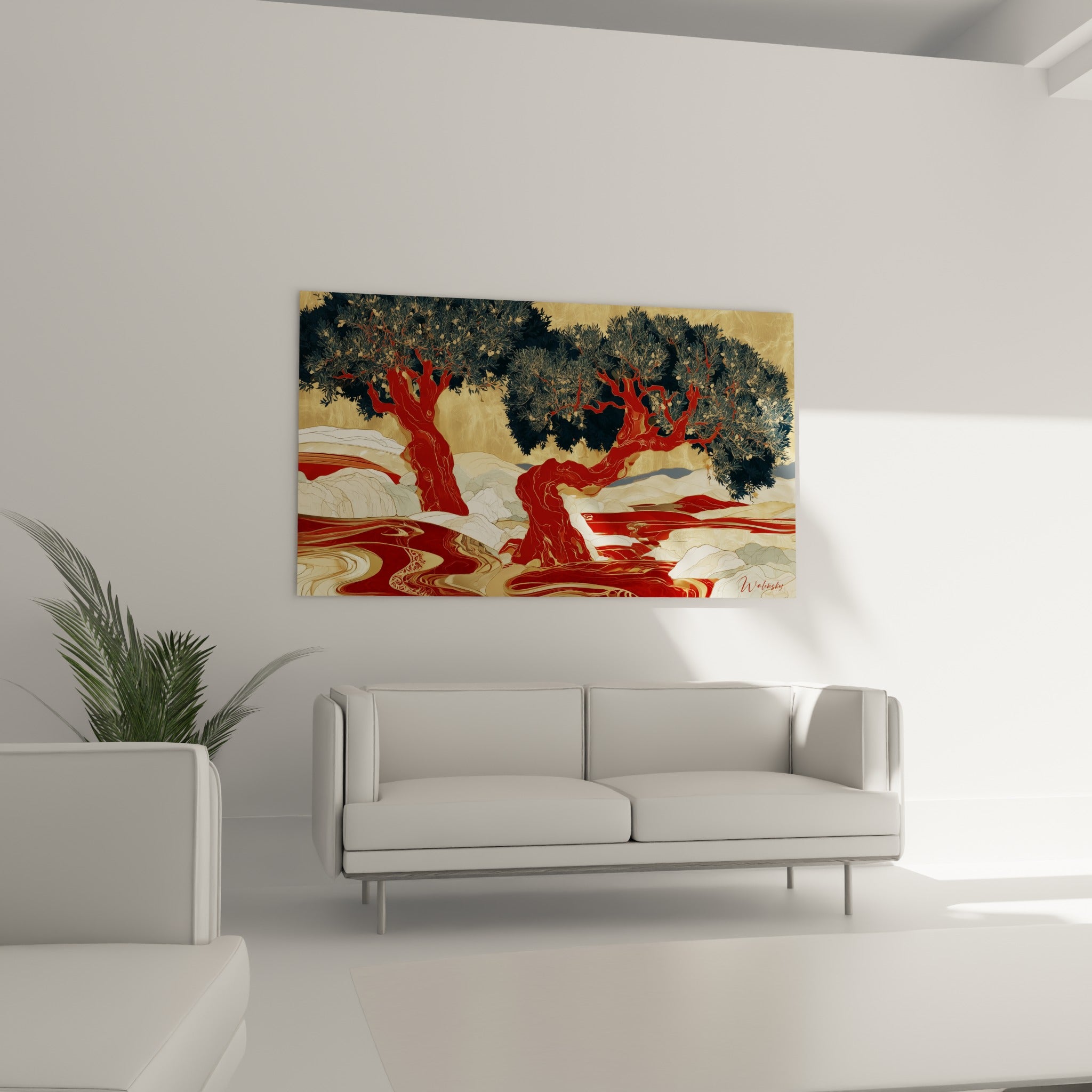 Silhouette d'olivier rouge et bleu anthracite sur fond or, disposée au-dessus d'un canapé dans un salon lumineux