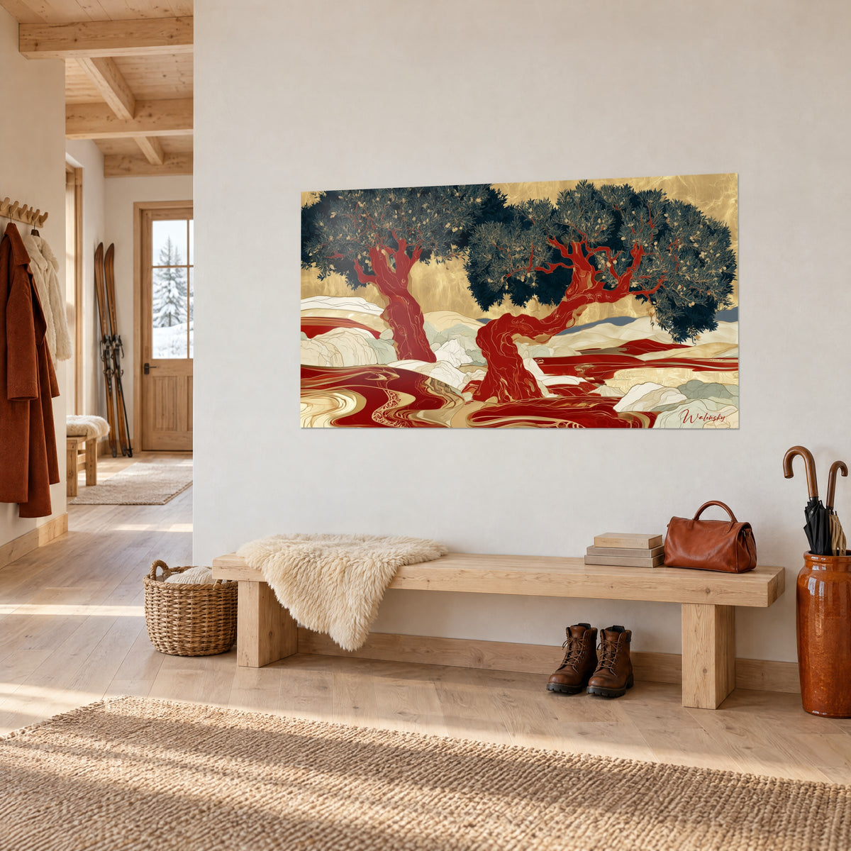 Schilderij eeuwenoude boom met een kronkelende scharlakenrode stam, ivoorkleurige heuvels en karmijnrode rivieren, aan de witte muur van een chaletingang