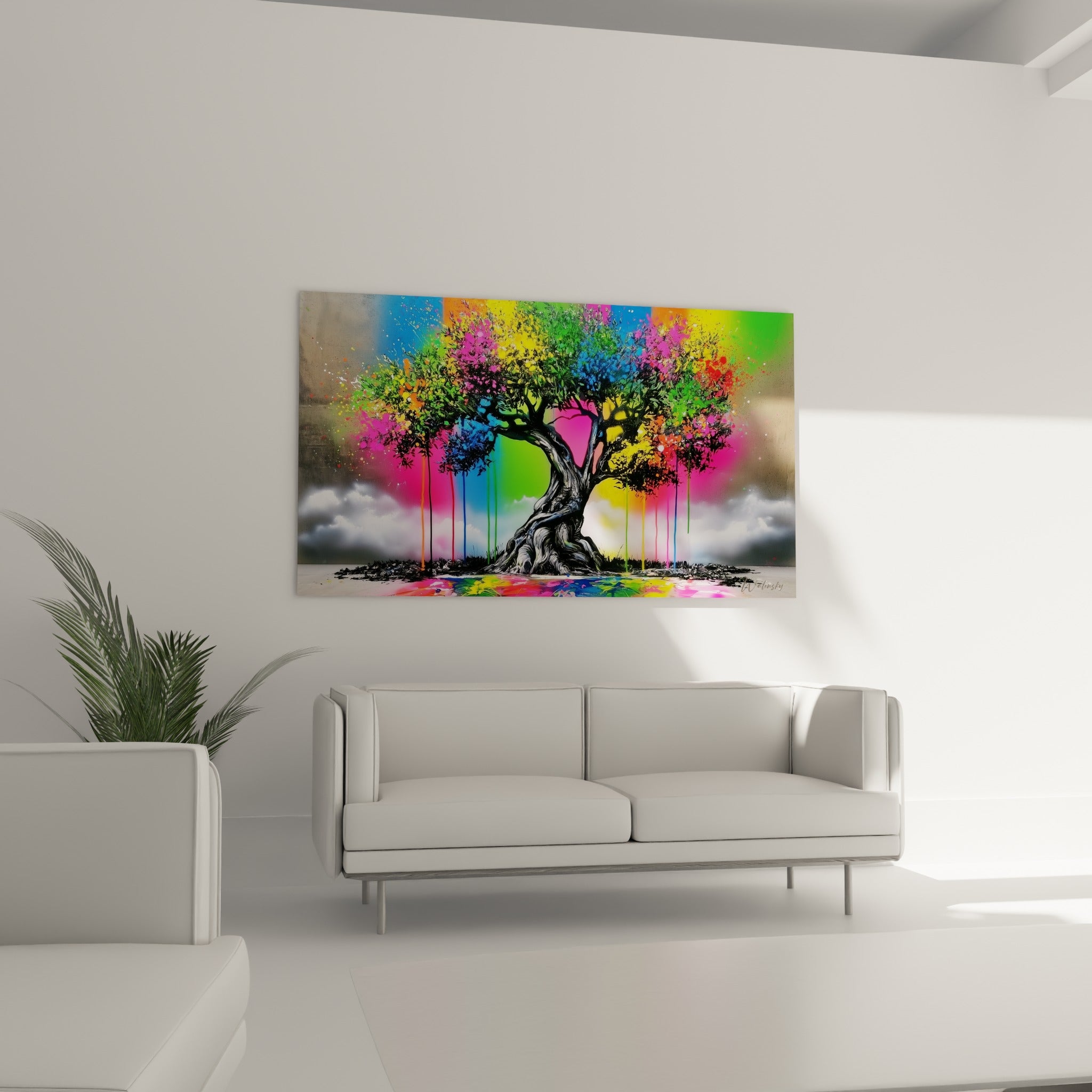 Branches d'olivier noires ruisselant de peinture jaune et bleue au-dessus d'un canapé dans un salon lumineux