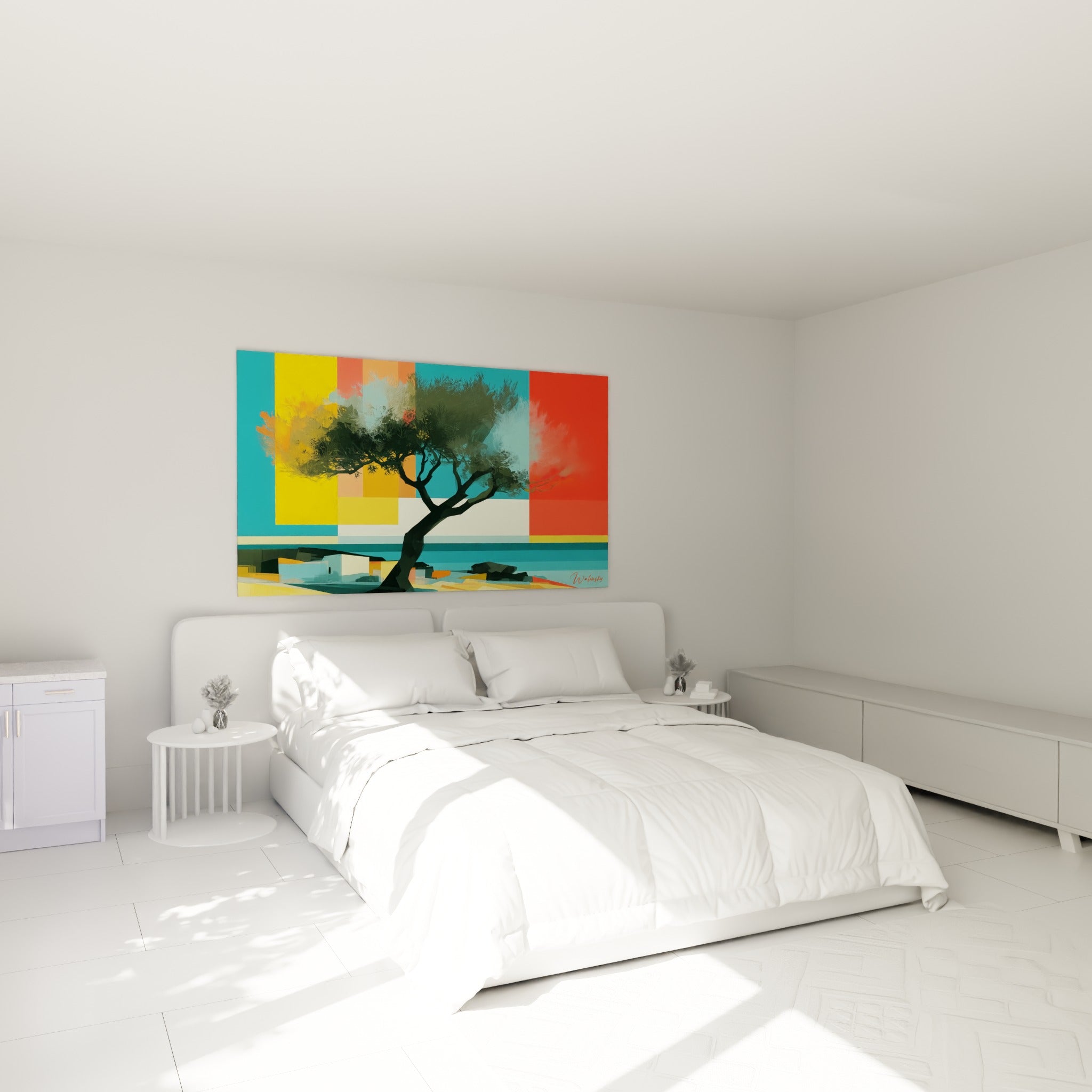 Silhouette d'olivier bleu-vert et corail accrochée au-dessus d'un lit dans une chambre claire