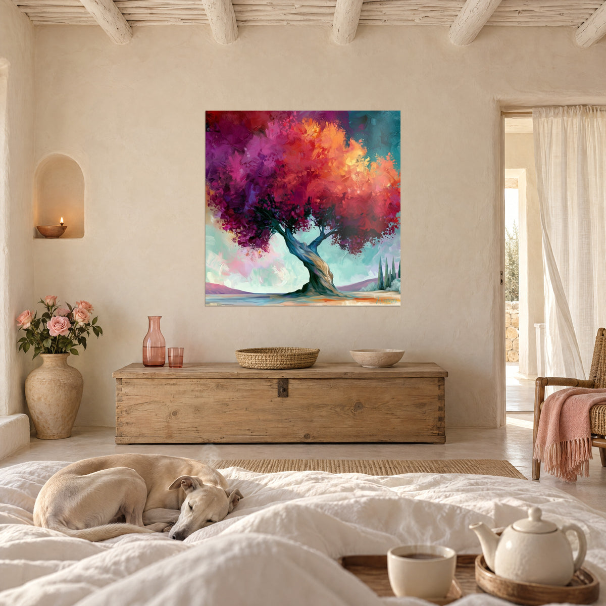 Schilderij kruin in fuchsia en oranje op een knoestige stam, een windhond en een persoon van achteren, boven een bed in een lichte slaapkamer
