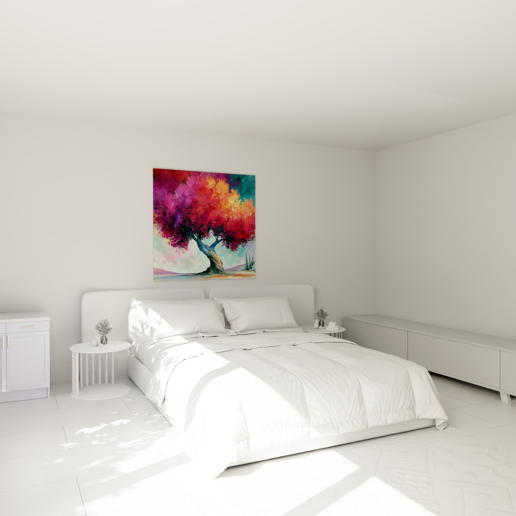 Arbre flamboyant aux teintes magenta et turquoise accroché au-dessus d'un lit dans une chambre claire