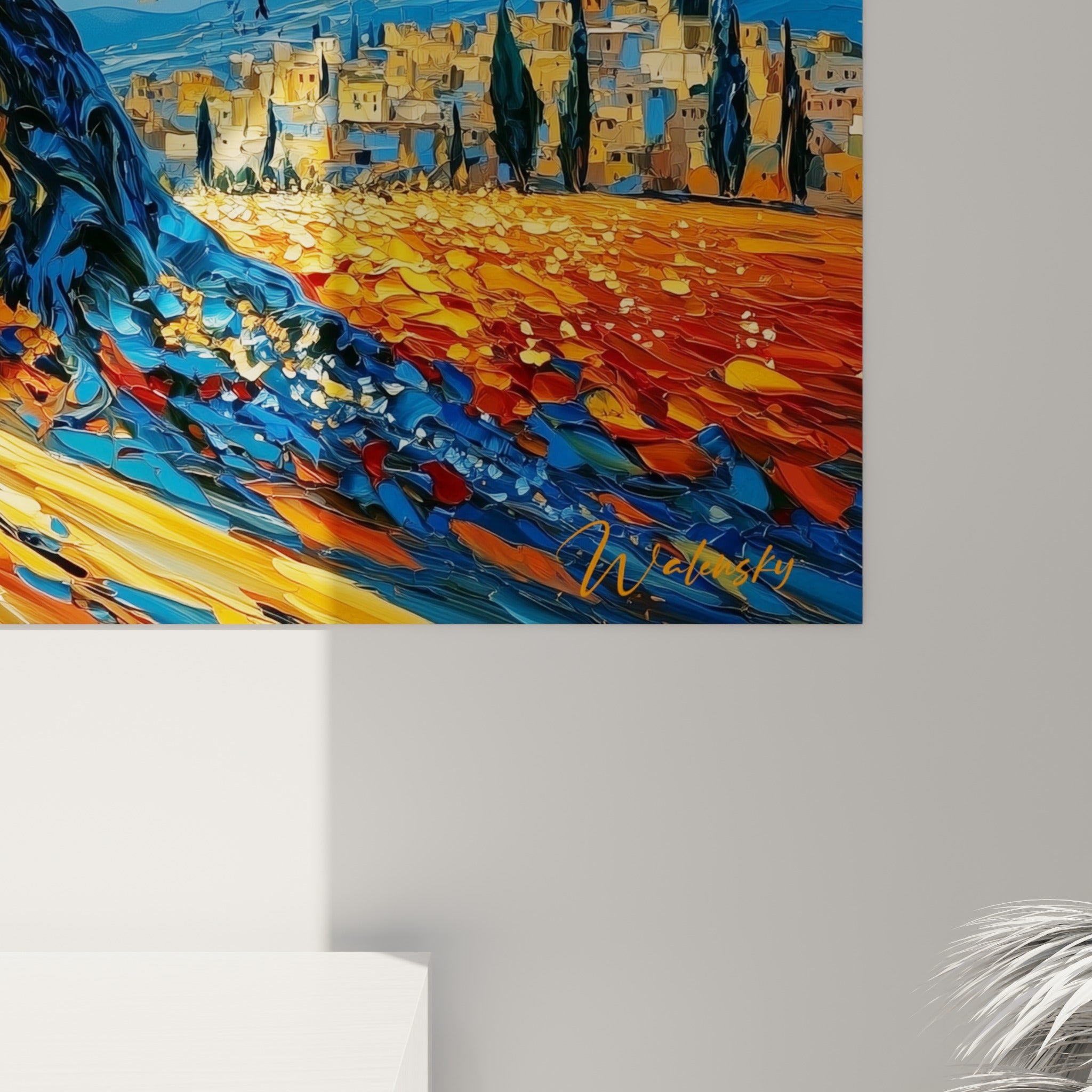 Empâtements bleus et orangés du feuillage peint au couteau, matière épaisse et coulures visibles