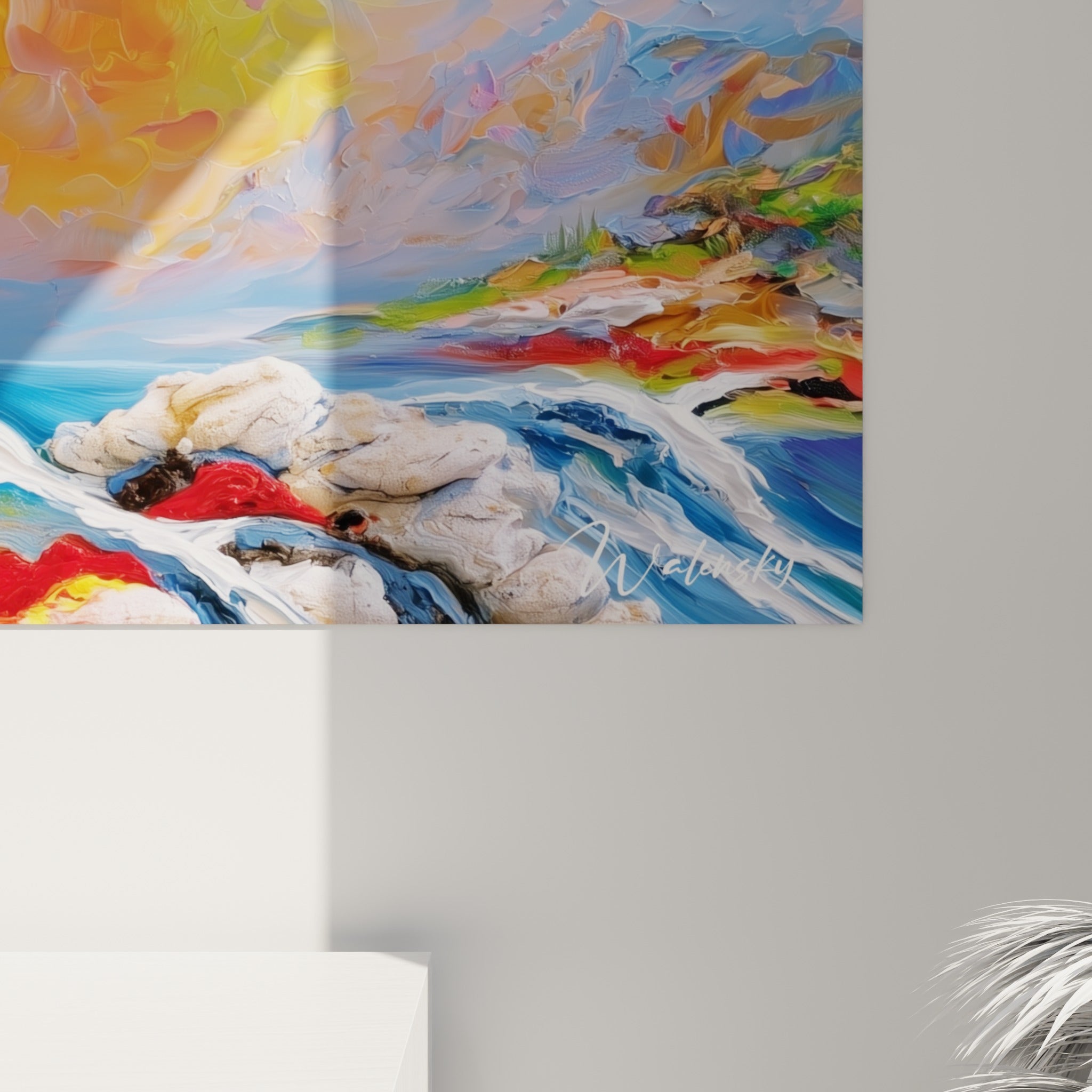 Empâtements colorés bleu marine, jaune et rouge visibles sur le tronc peint au couteau