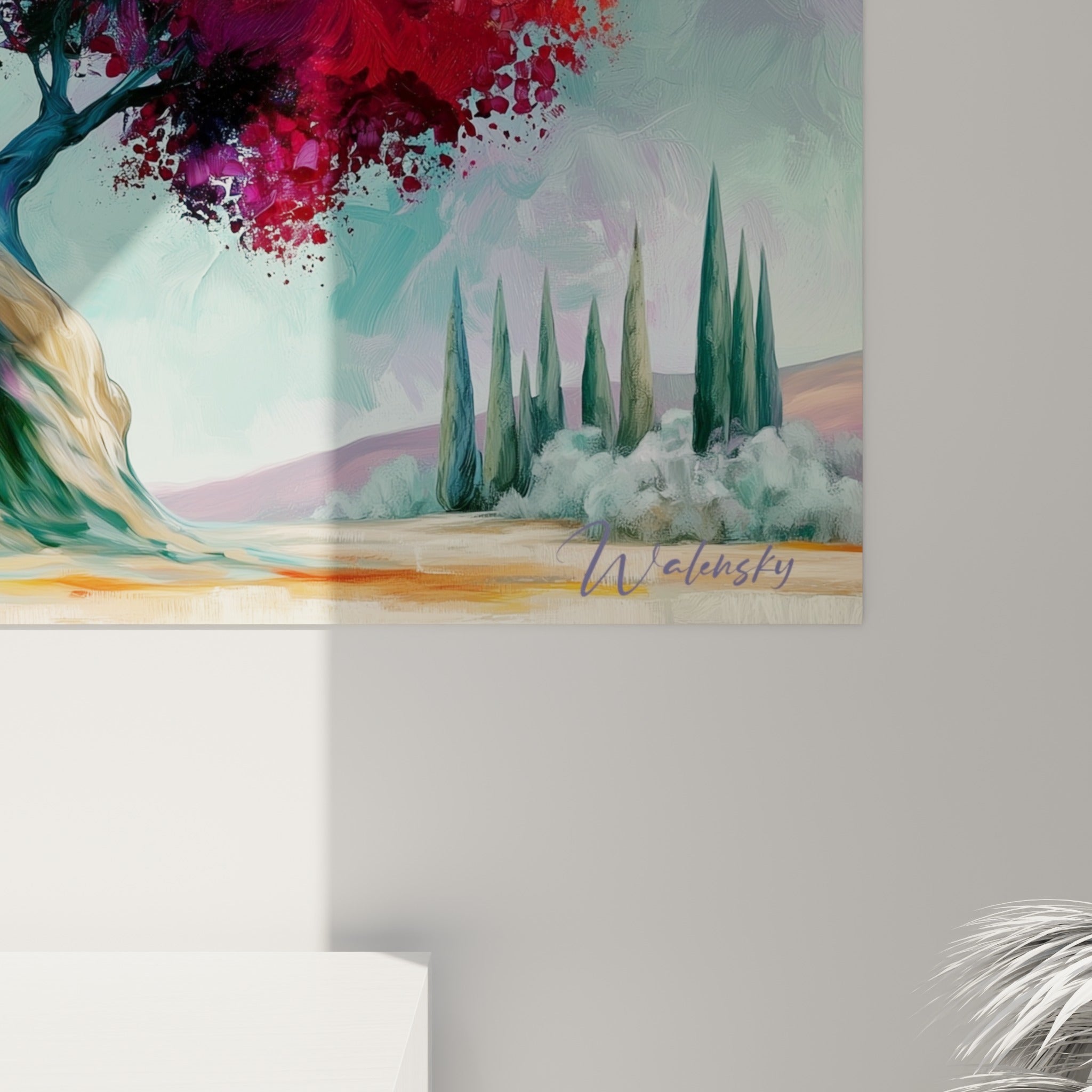 Empâtements colorés turquoise et corail visibles de près, matière épaisse sur toile d'un olivier peint