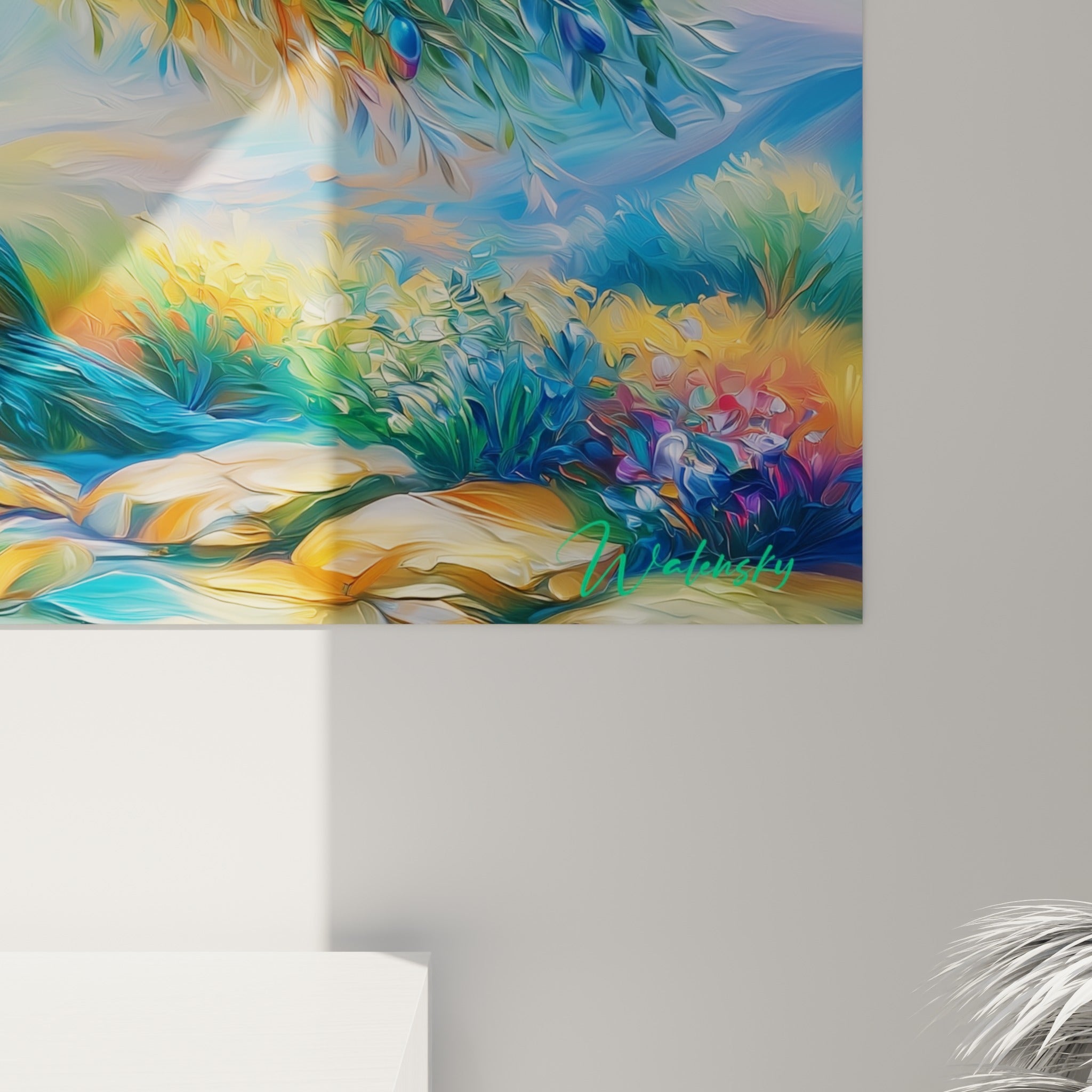 Empâtements colorés du feuillage bleu et doré de l'olivier révélant le grain et la matière peinte