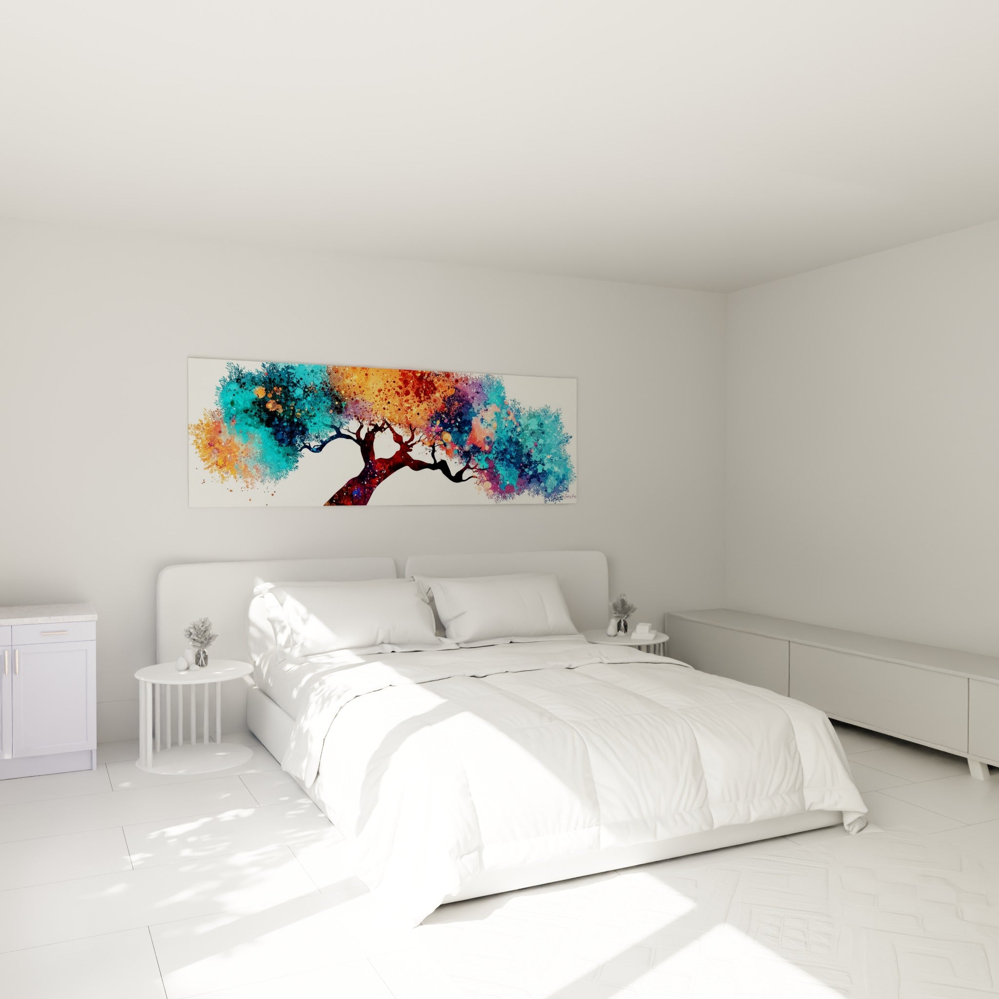 Silhouette d'olivier multicolore turquoise et orange accrochée au-dessus d'un lit dans une chambre claire