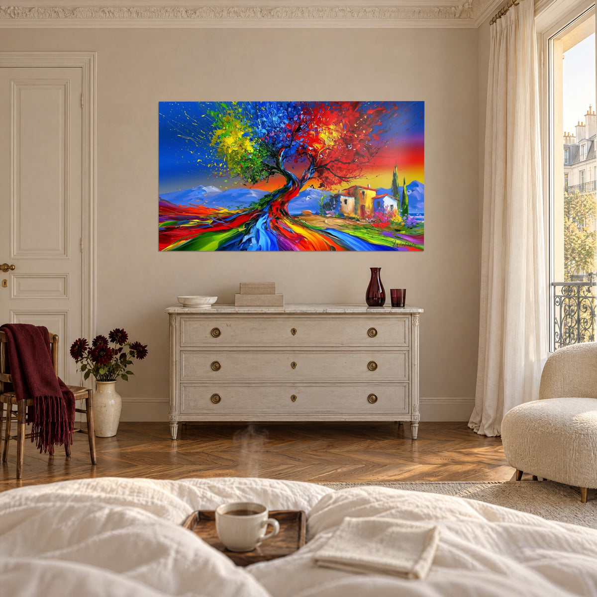 Πίνακας με εκρηκτικό πράσινο και κόκκινο φύλλωμα σε πορτοκαλί ουρανό, κοιταγμένος από πίσω από γυναίκα, πάνω από κρεβάτι σε φωτεινό υπνοδωμάτιο