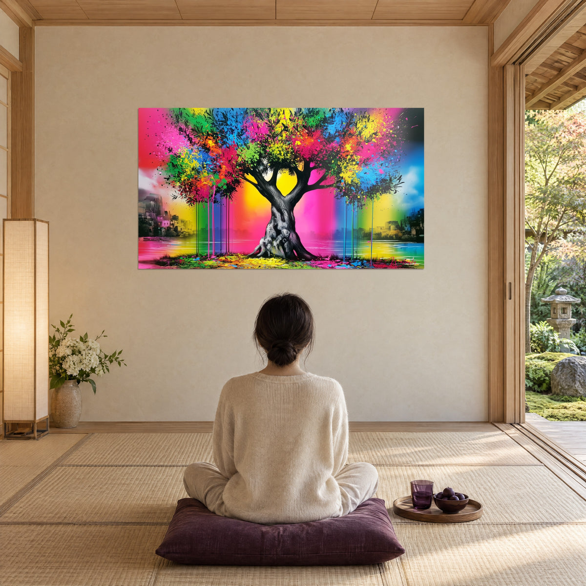 Cuadro árbol multicolor con destellos verdes y rosas, visto desde un cojín ciruela donde una mujer medita sobre un tatami
