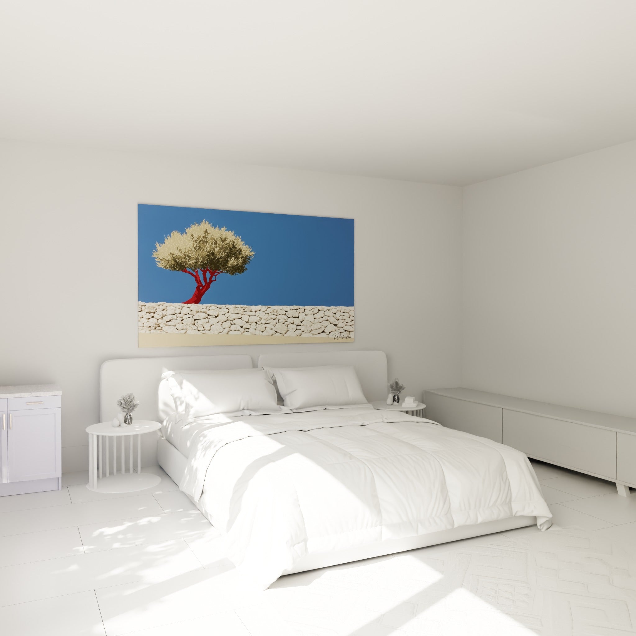 Silhouette d'un olivier au tronc rouge et muret de pierres blanches au-dessus d'un lit dans une chambre claire