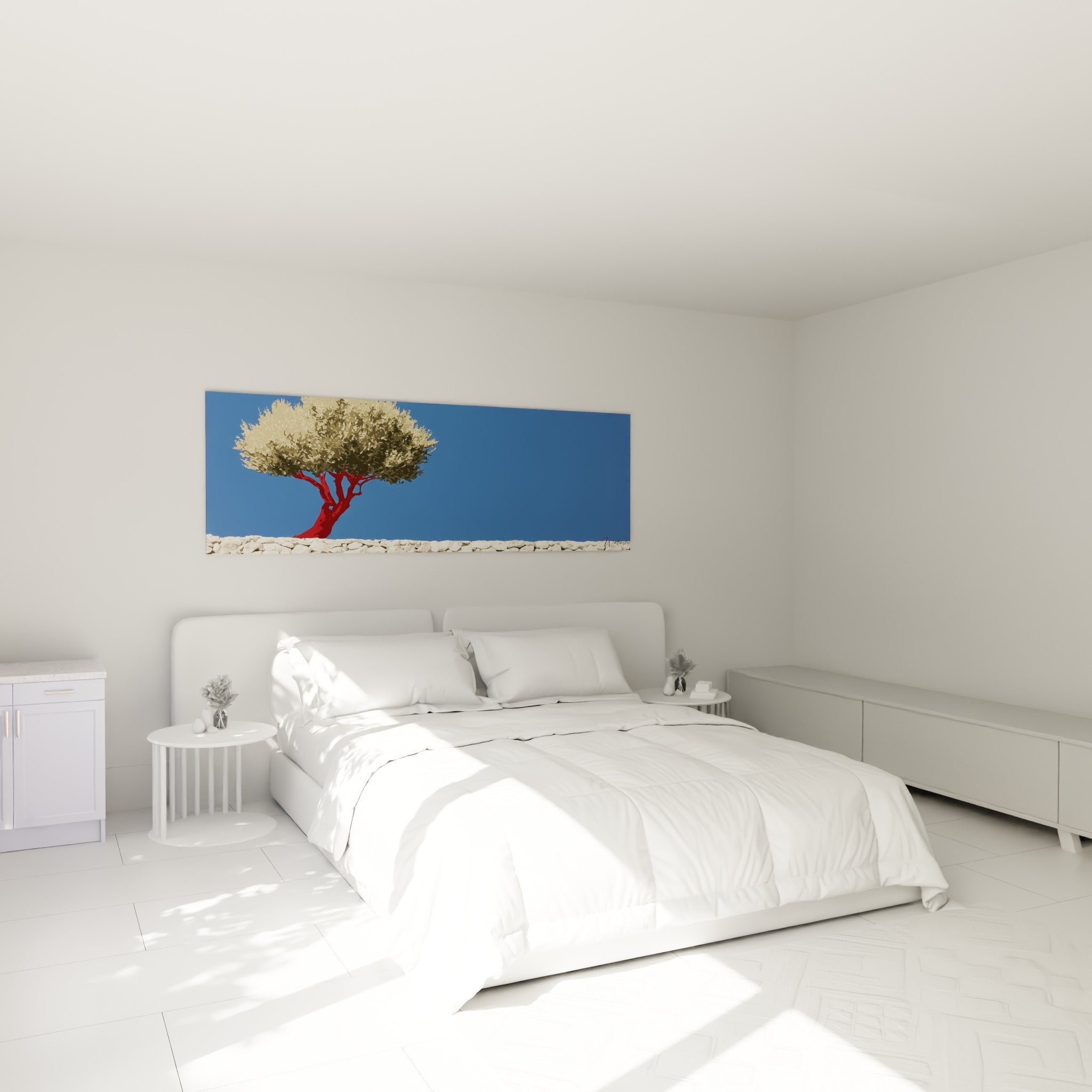Silhouette d'olivier rouge et bleu marine au-dessus d'un lit dans une chambre claire