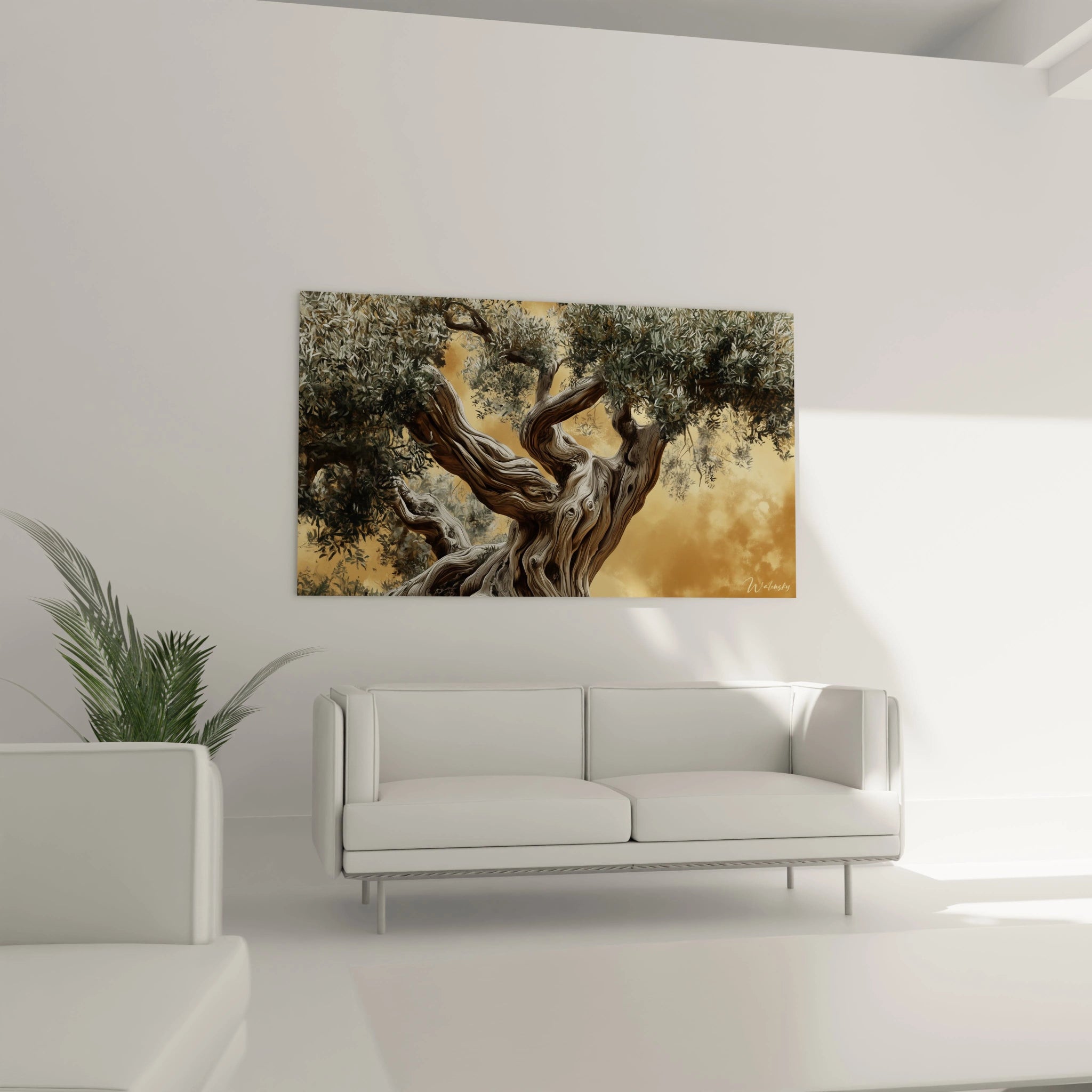 Un tableau Olivier nature mettant en avant un tronc sculpté par le temps, aux teintes bronze et beige, un feuillage vert aux détails fins et un fond lumineux or aux textures douces.

