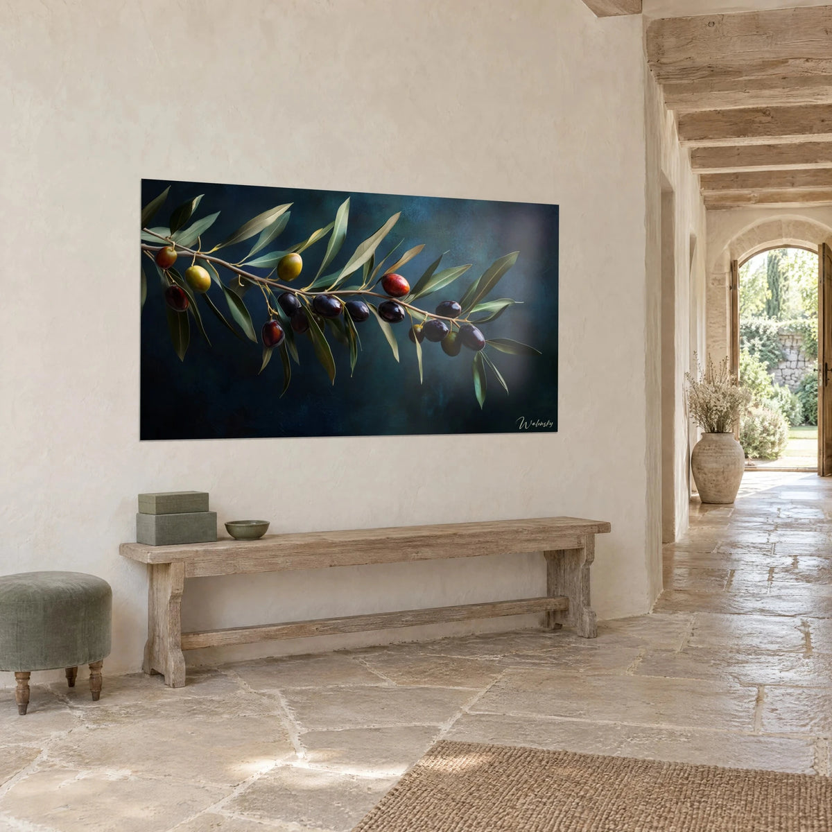 Wall art olive branch with sage green leaves and crimson fruit, hung above a light stone bench