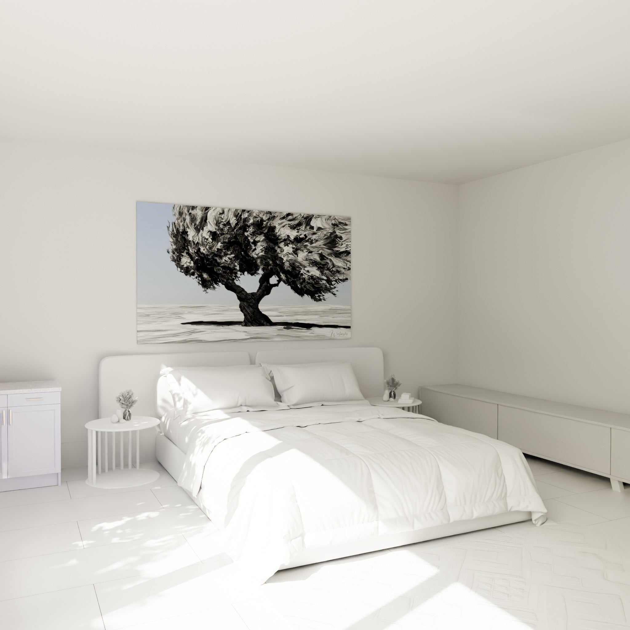 Silhouette d'olivier sculptural noir et blanc accrochée au-dessus d'un lit dans une chambre claire