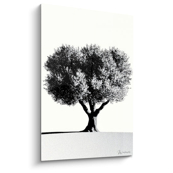 Tableau Olivier noir et blanc au feuillage pointilliste - Sol granuleux minimaliste - Edition Olivier