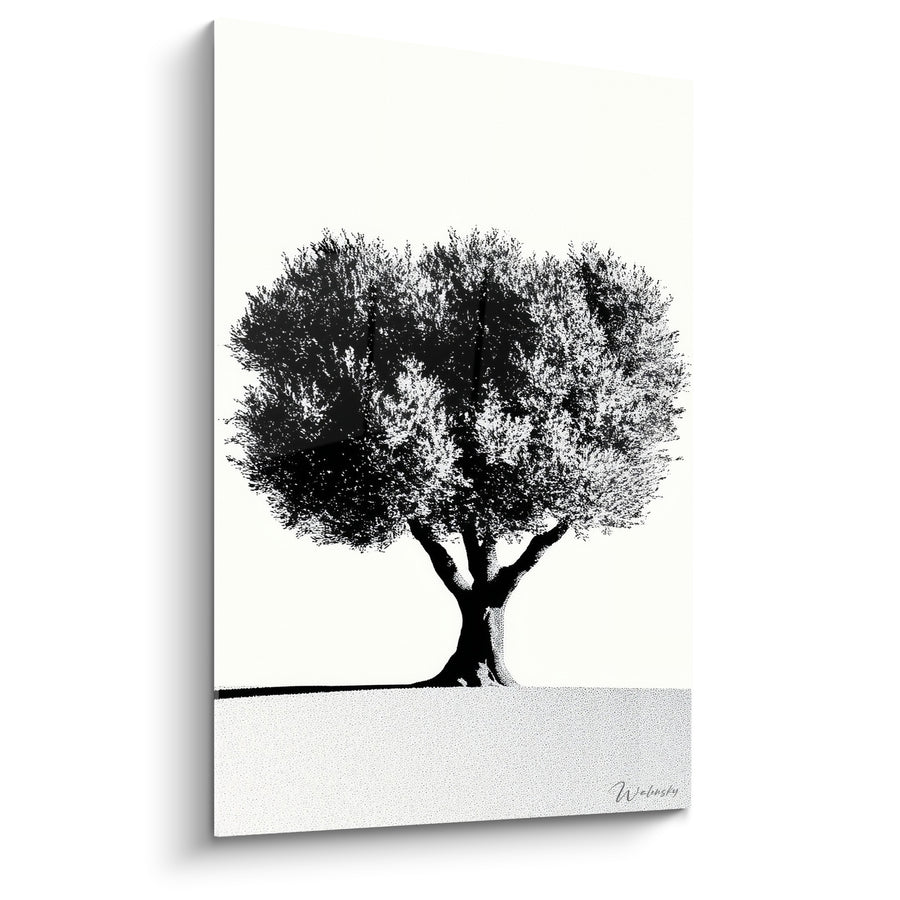 Tableau Olivier noir et blanc au feuillage pointilliste - Sol granuleux minimaliste - Edition Olivier