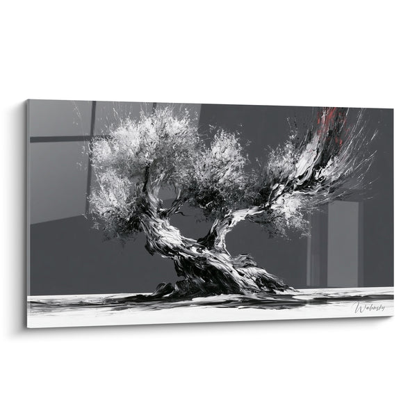 Tableau Olivier noir et blanc sur fond gris géométrique - Touche rouge éclatée - Edition Olivier