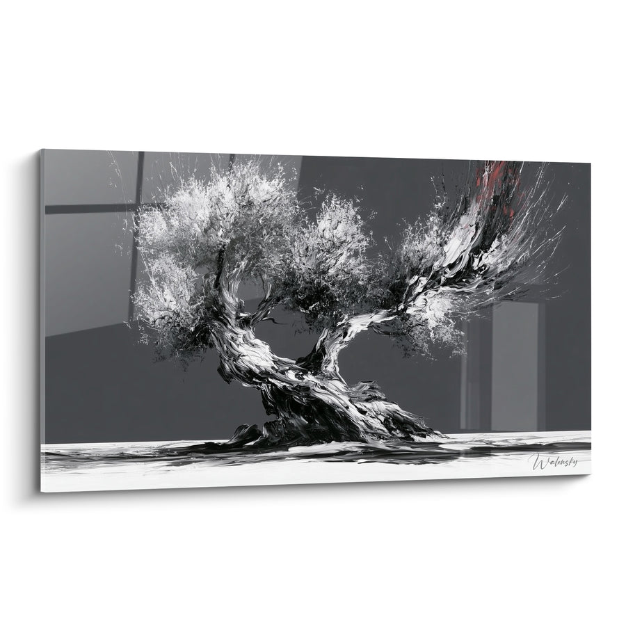 Tableau Olivier noir et blanc sur fond gris géométrique - Touche rouge éclatée - Edition Olivier