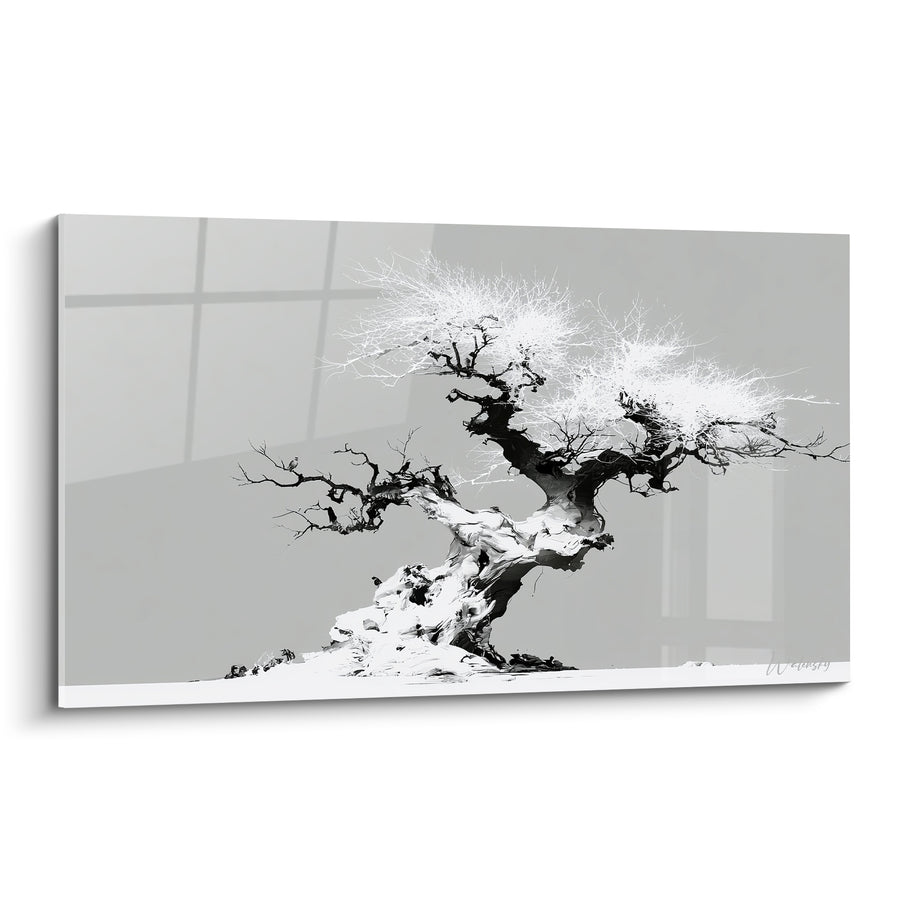 Tableau Olivier tourmenté noir et blanc sur fond gris - Résistance millénaire - Edition Olivier