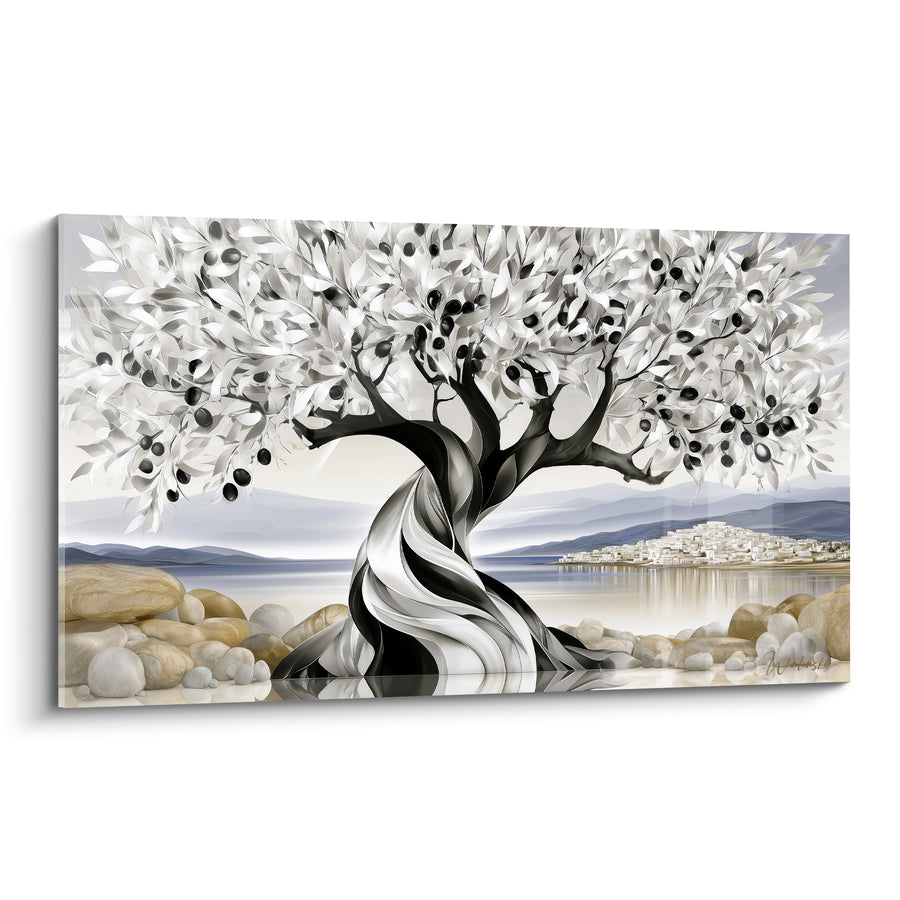 Tableau Olivier noir et blanc au tronc en ruban face au village - Village blanc sur la baie - Edition Olivier