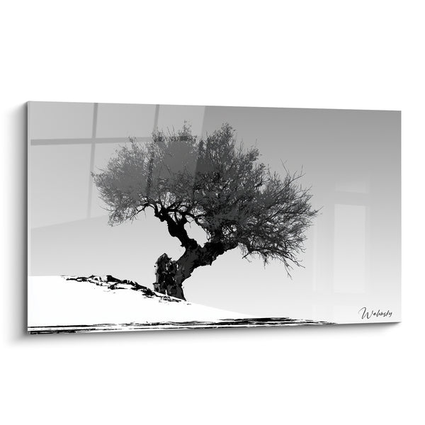 Tableau Olivier noir et blanc sur colline enneigée - Silhouette hivernale monochrome - Edition Olivier