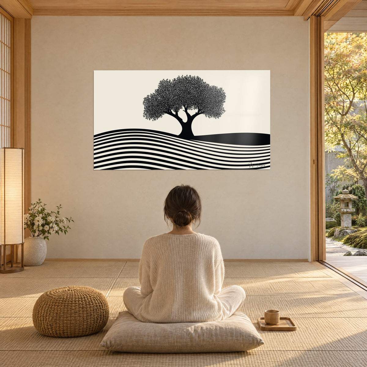 Quadro ulivo stilizzato nero corvino, orizzonte di righe sinuose su fondo avorio, una donna seduta di spalle in meditazione su un cuscino, soggiorno japandi