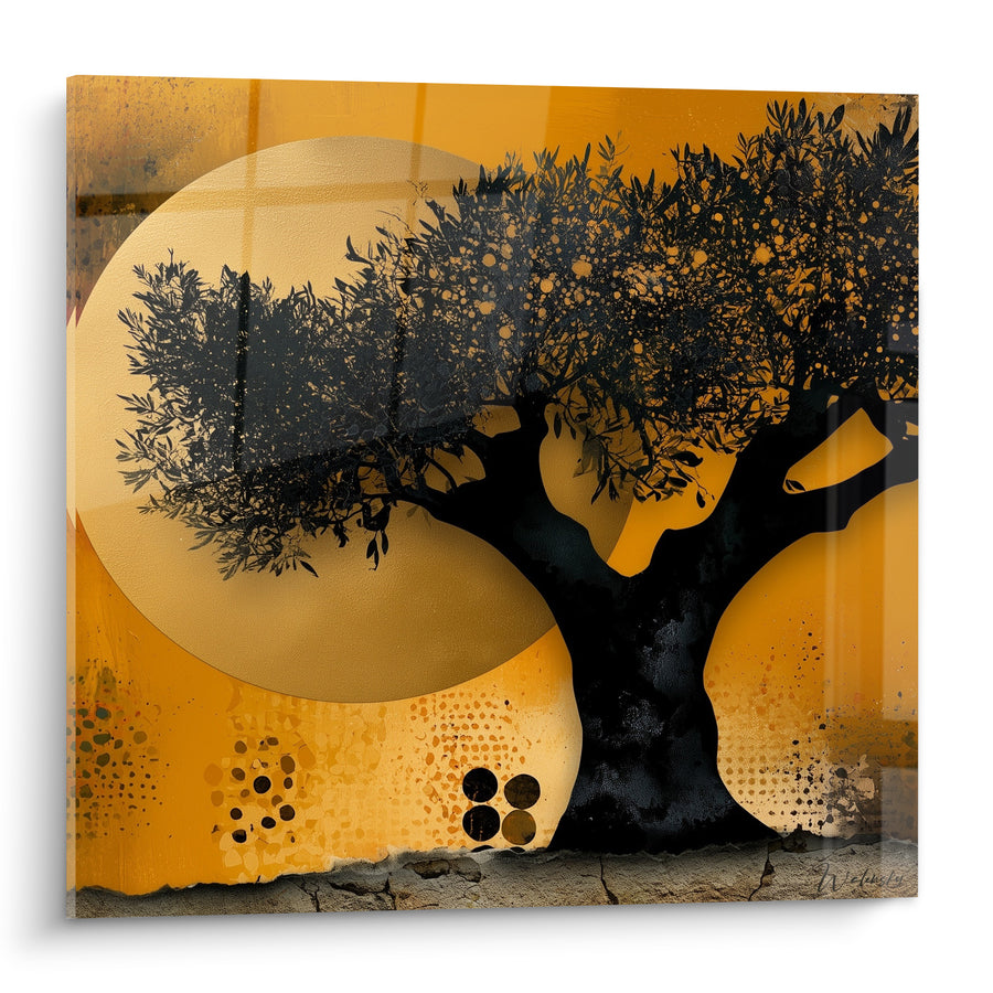 Tableau Olivier silhouette noire fond ocre disque doré - Soleil méditerranéen - Edition Olivier