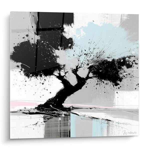 Tableau Olivier noir aux éclaboussures bleu pastel - Souffle abstrait - Edition Olivier