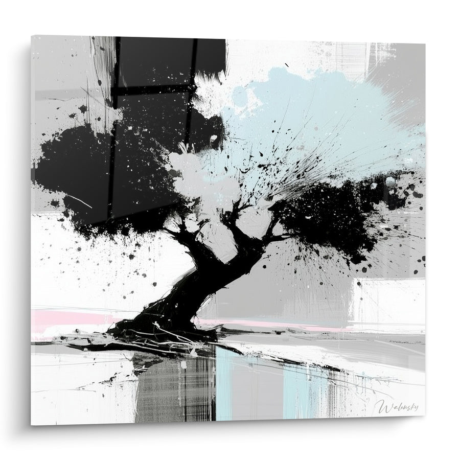 Tableau Olivier noir aux éclaboussures bleu pastel - Souffle abstrait - Edition Olivier