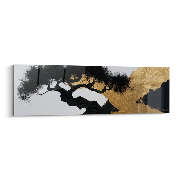Tableau Olivier noir au tronc rampant sur fond doré - Silhouette texturée abstraite - Edition Olivier