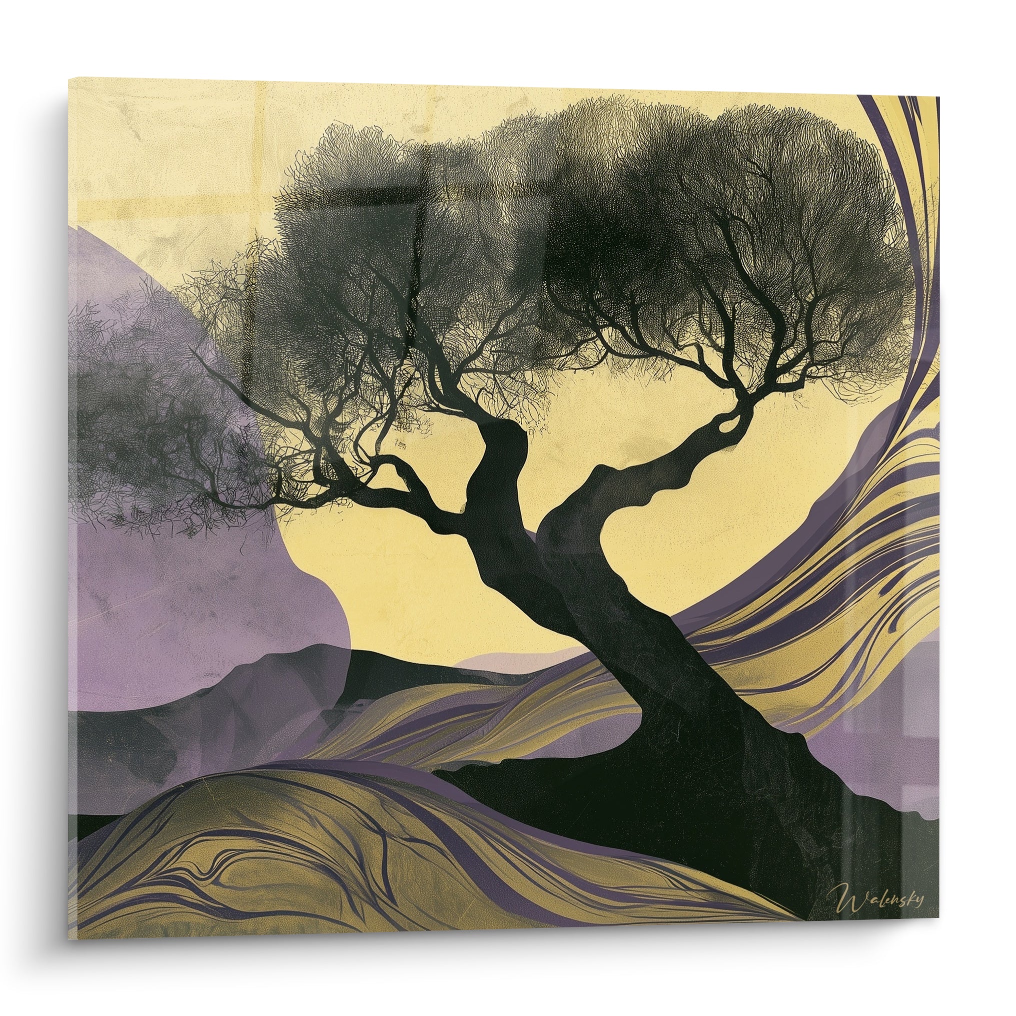 Olivier noir sculptural sur fond doré et violet, silhouette graphique aux branches sinueuses