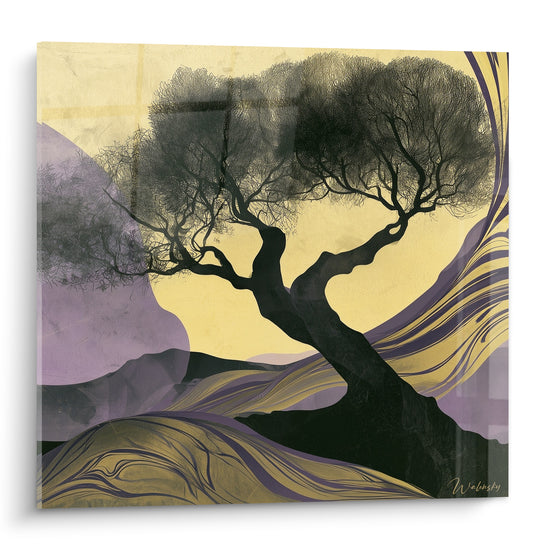 Olivier noir sculptural sur fond doré et violet, silhouette graphique aux branches sinueuses