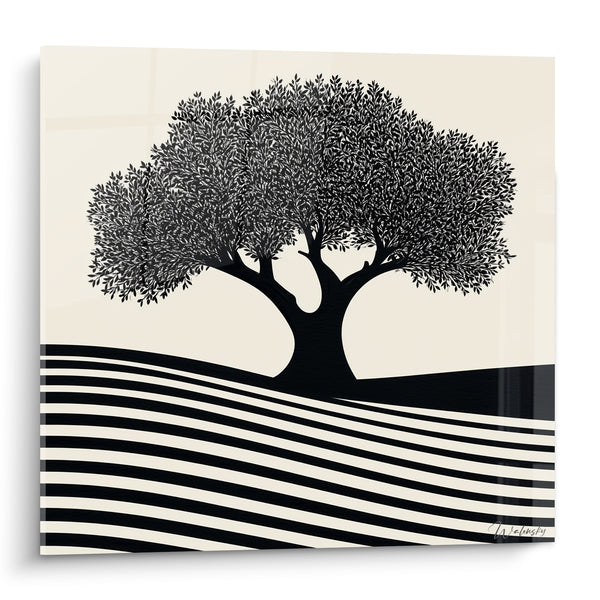 Tableau Olivier noir sur collines rayées - Collines silencieuses - Edition Olivier