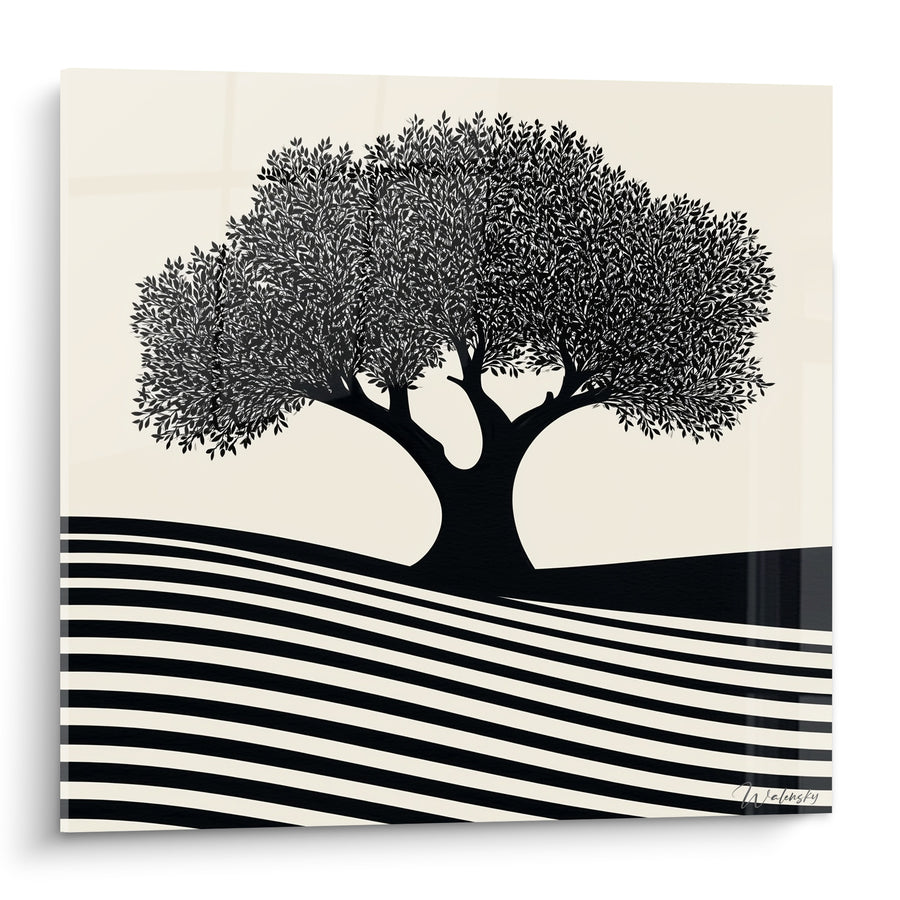 Tableau Olivier noir sur collines rayées - Collines silencieuses - Edition Olivier