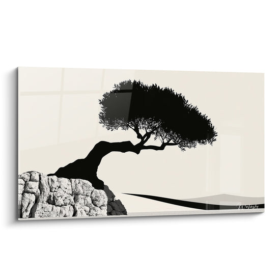 Olivier noir courbé sur muret de pierres grises, fond ivoire, silhouette graphique épurée