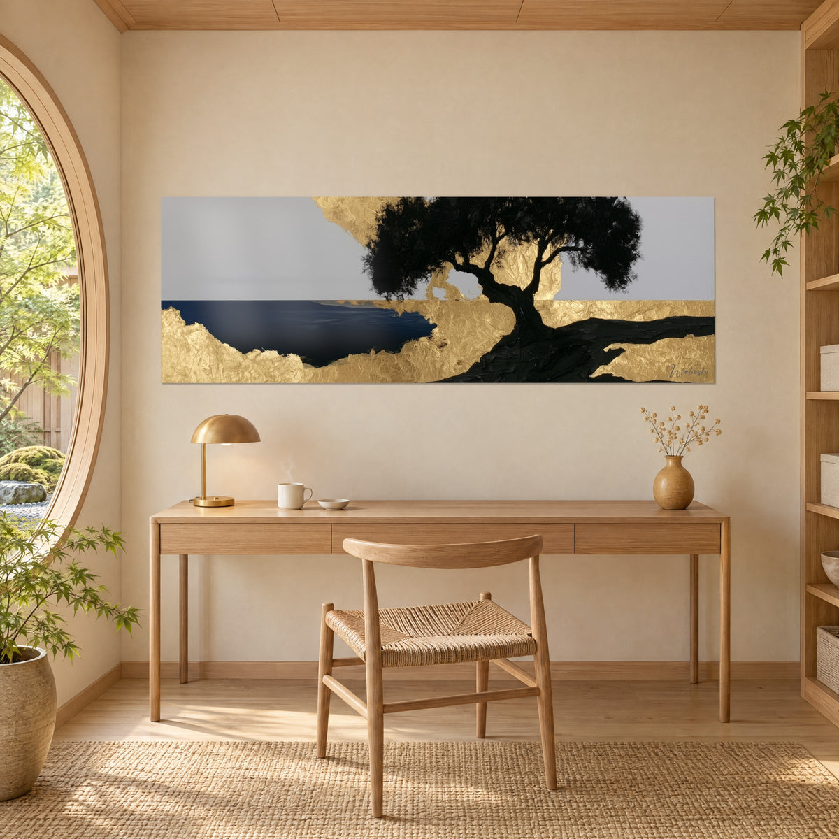 Tableau silhouette d'arbre méditerranéen noire sur reliefs d'or martelé et mer indigo, accroché au-dessus d'un bureau en bois clair