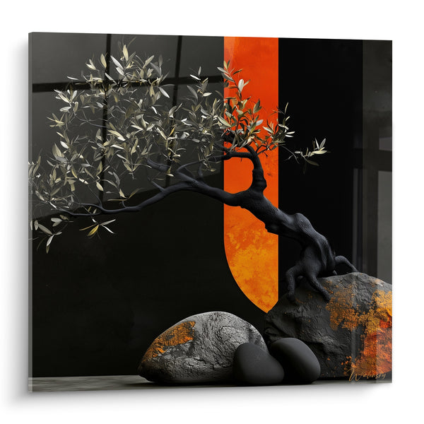 Tableau Olivier noir sur rochers et lune orange - Veille silencieuse - Edition Olivier