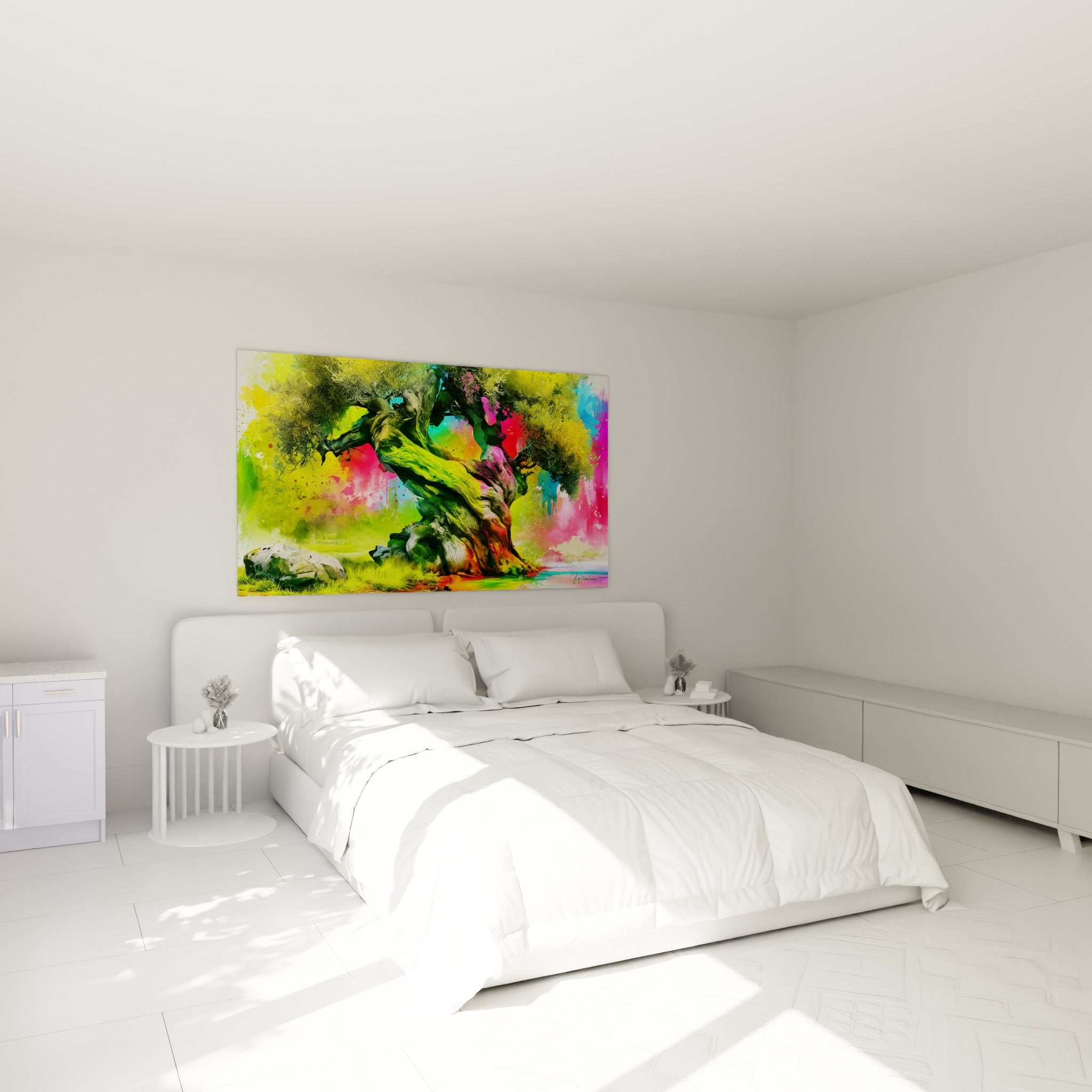 Tronc noueux vert et rose de l'olivier au-dessus d'un lit dans une chambre claire