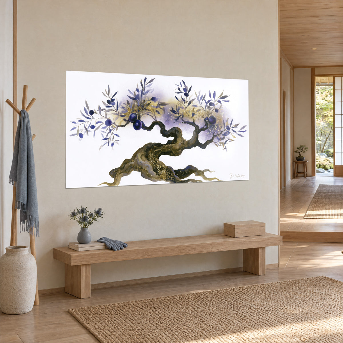 Wall art olive tree with slender branches laden with midnight-blue fruit, lavender mist and gold dust, three-quarter view in a Japandi hallway