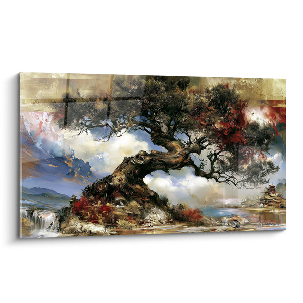 Tableau Pin brun et bleu au feuillage rougissant - Pagode près de la cascade - Edition Olivier