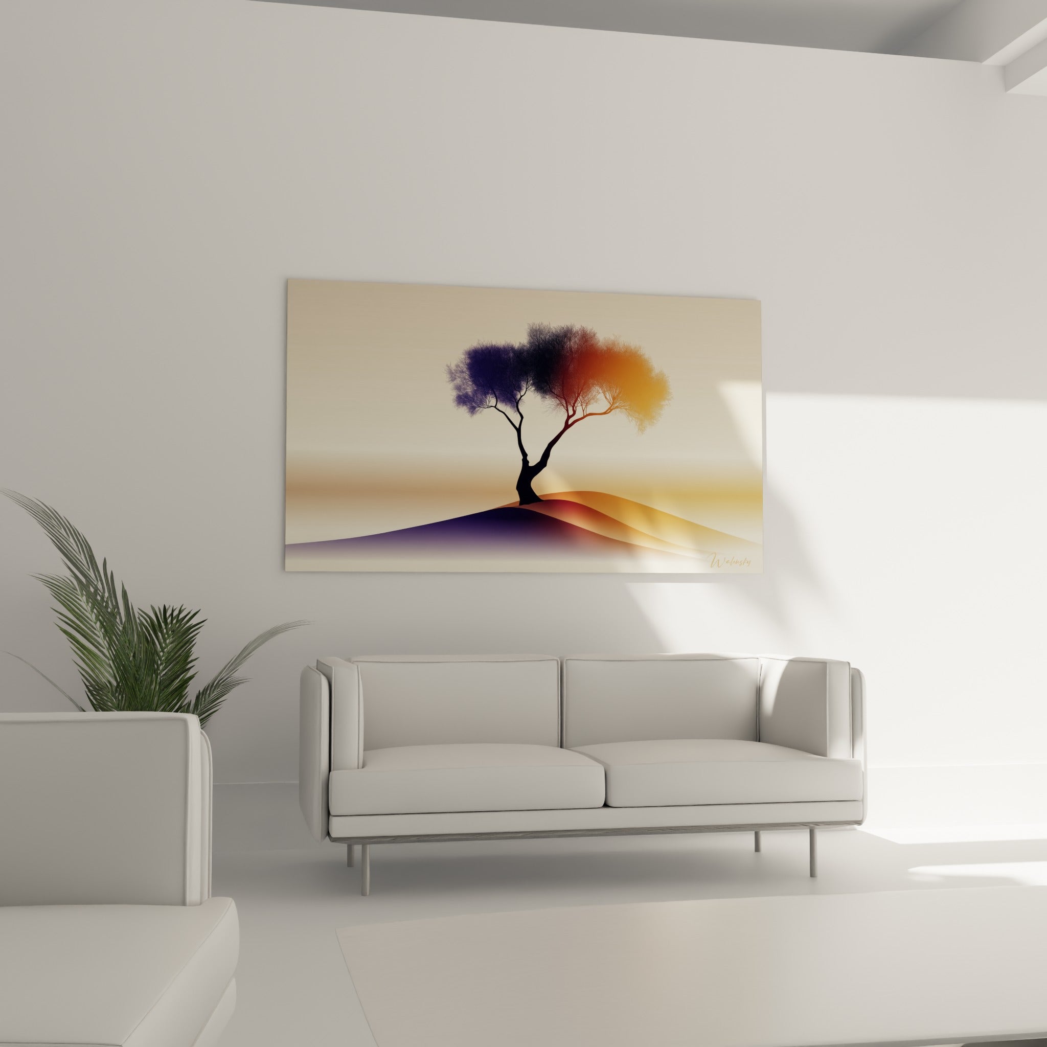 Arbre solitaire aux teintes ocre et anthracite dressé sur une colline, au-dessus d'un canapé dans un salon lumineux