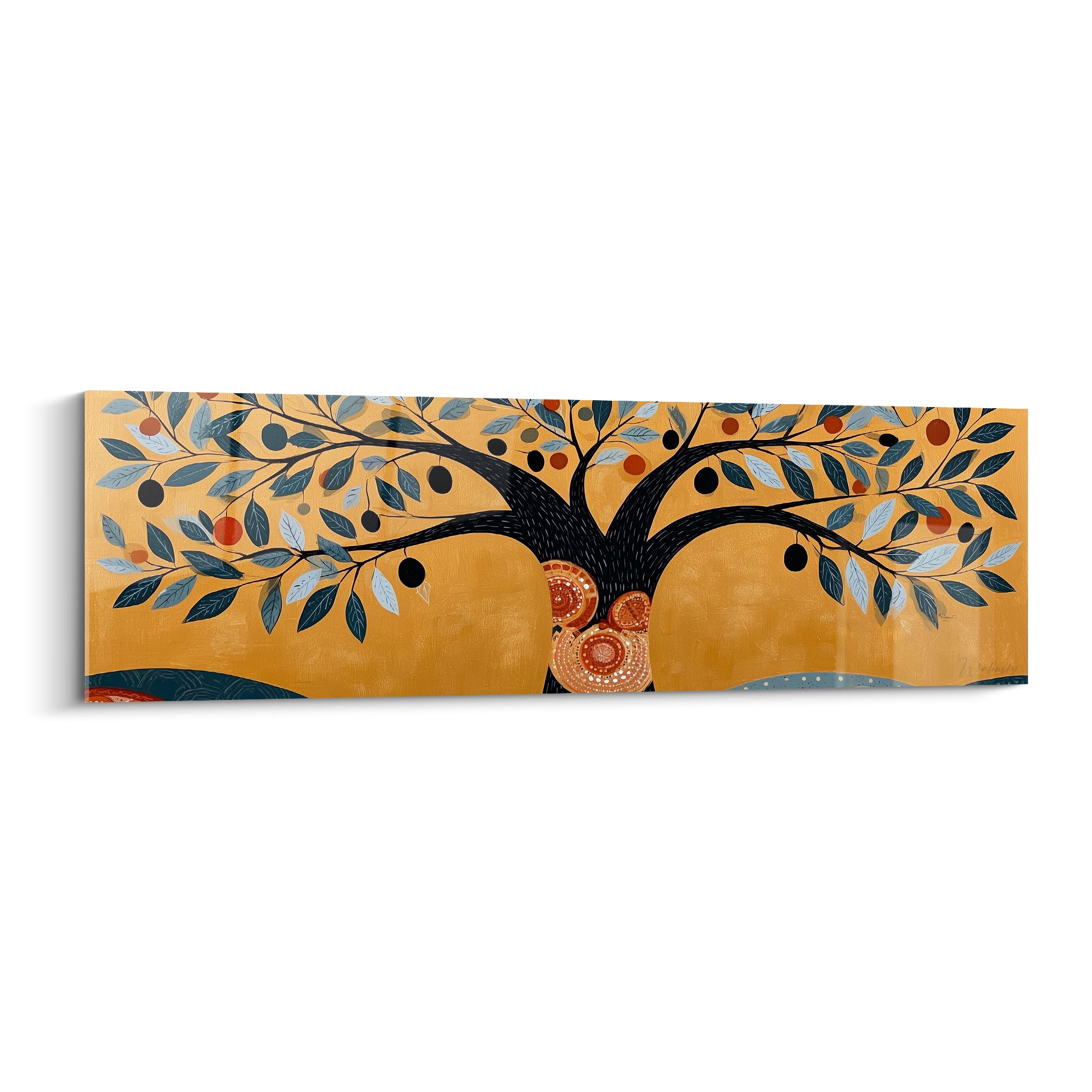 Olivier stylisé aux branches anthracite et feuillage bleu pastel sur fond ocre lumineux