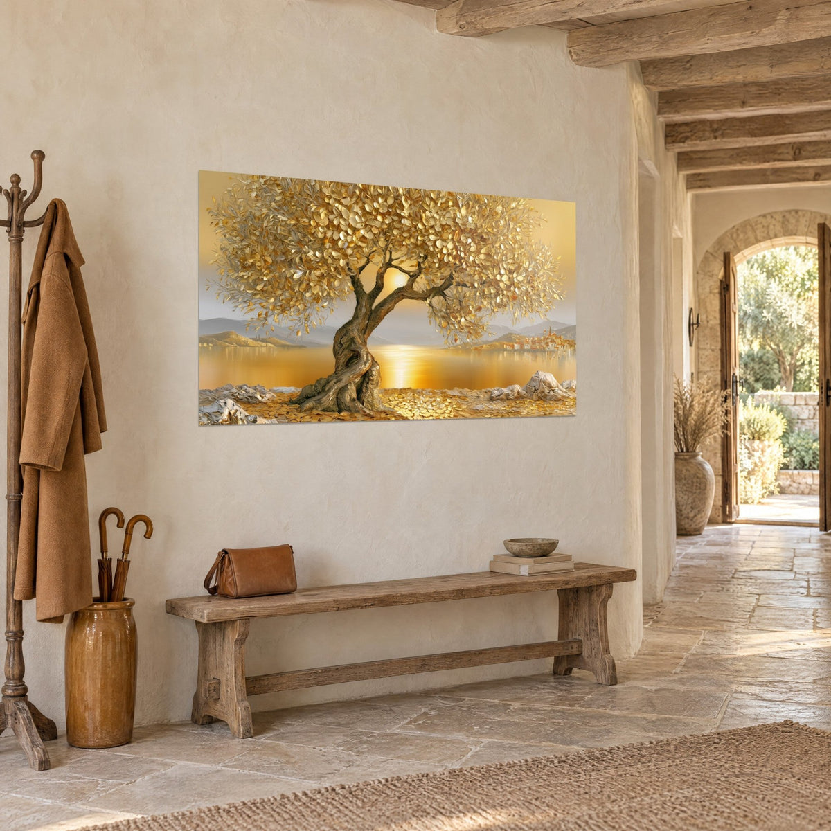 Wall art golden tree with gnarled trunk in front of a village with ochre rooftops, three-quarter view in a pale stone hallway
