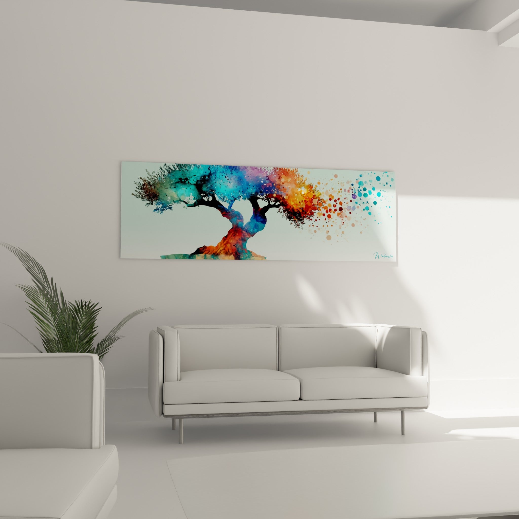 Arbre stylisé aux teintes turquoise et ocre se dispersant au-dessus d'un canapé dans un salon lumineux