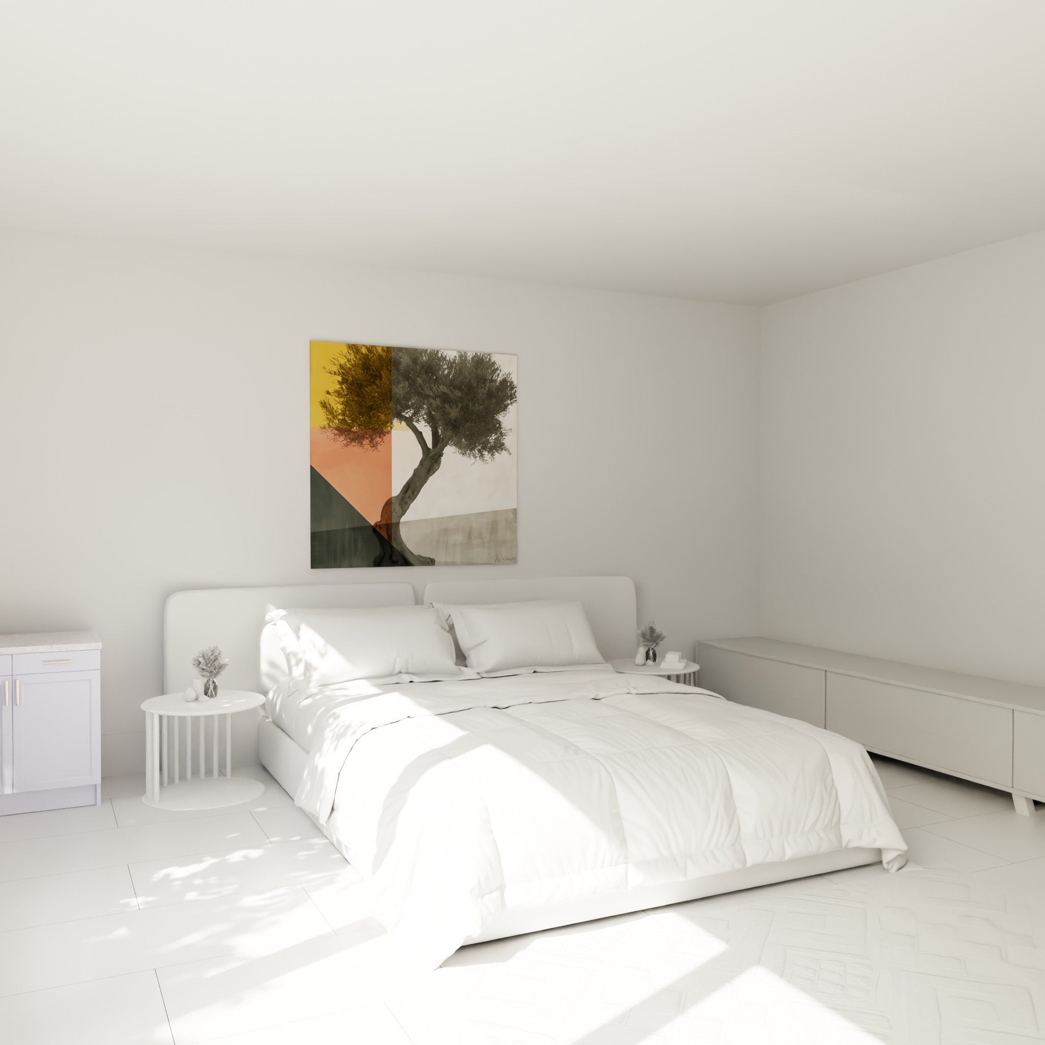 Arbre méditerranéen ocre et gris accroché au-dessus d'un lit dans une chambre claire