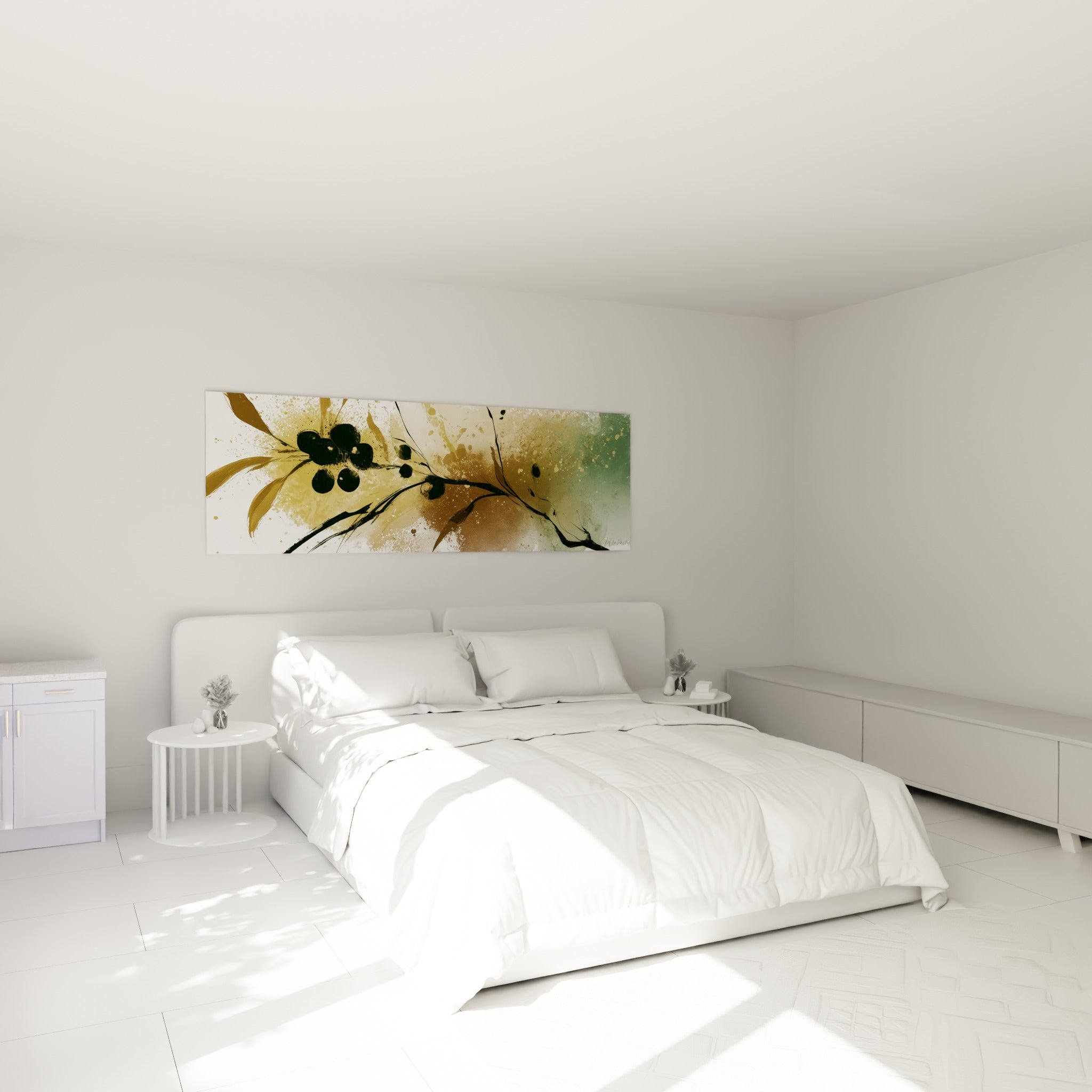 Olives noires et traînées dorées d'une branche stylisée, au-dessus d'un lit dans une chambre claire