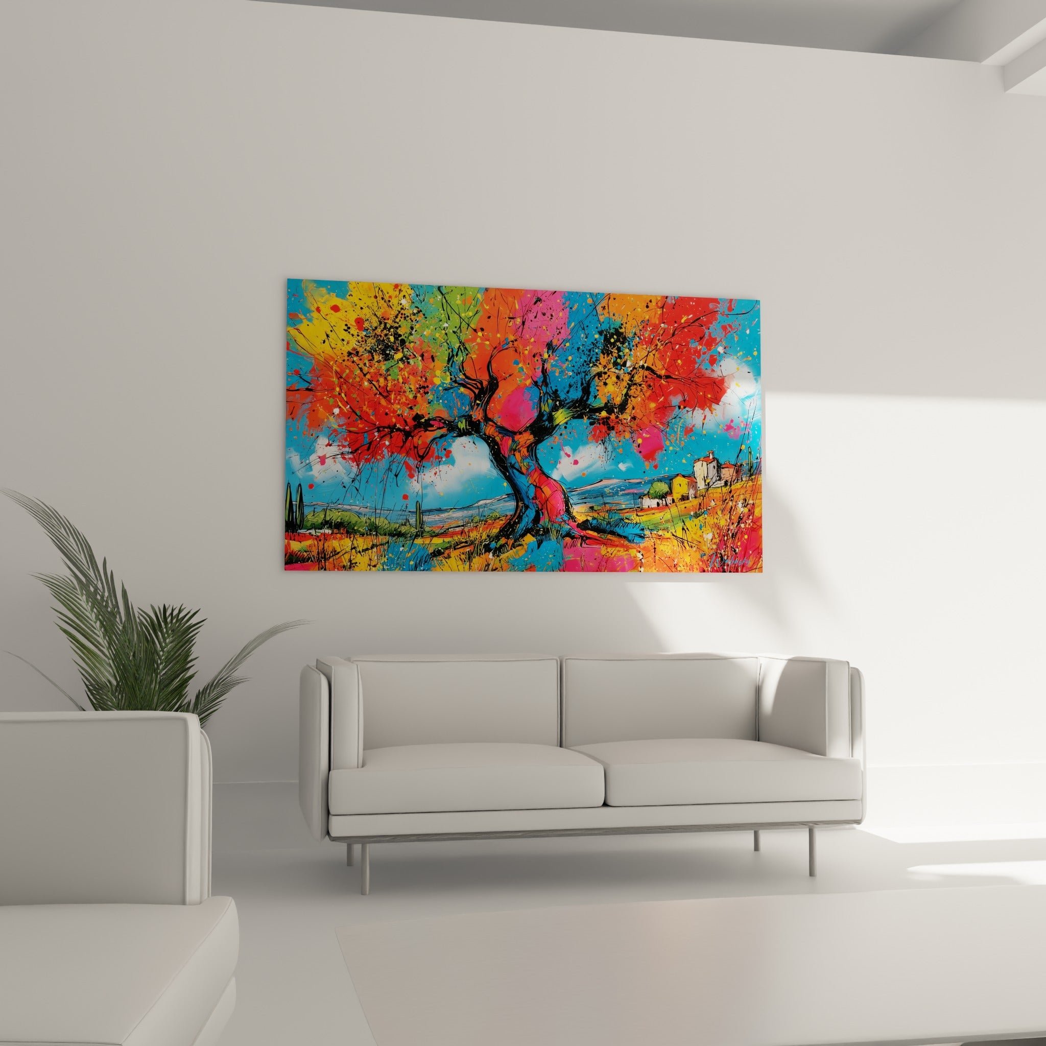 Paysage d'olivier coloré, orange et fuchsia, disposé au-dessus d'un canapé dans un salon lumineux