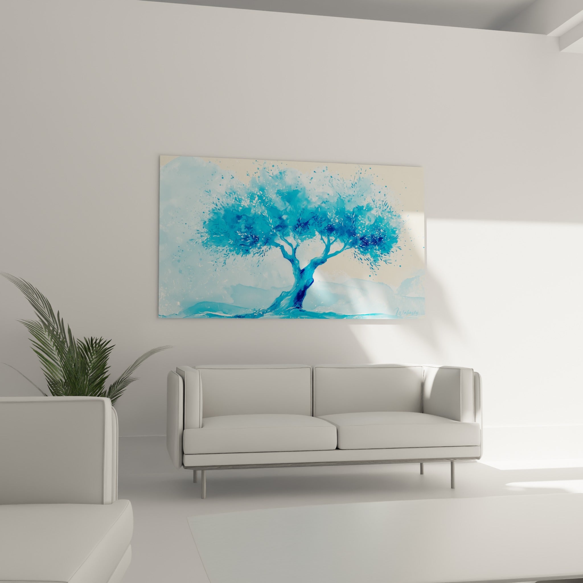 Arbre olivier aux teintes bleu pastel et anthracite, suspendu au-dessus d'un canapé dans un salon lumineux