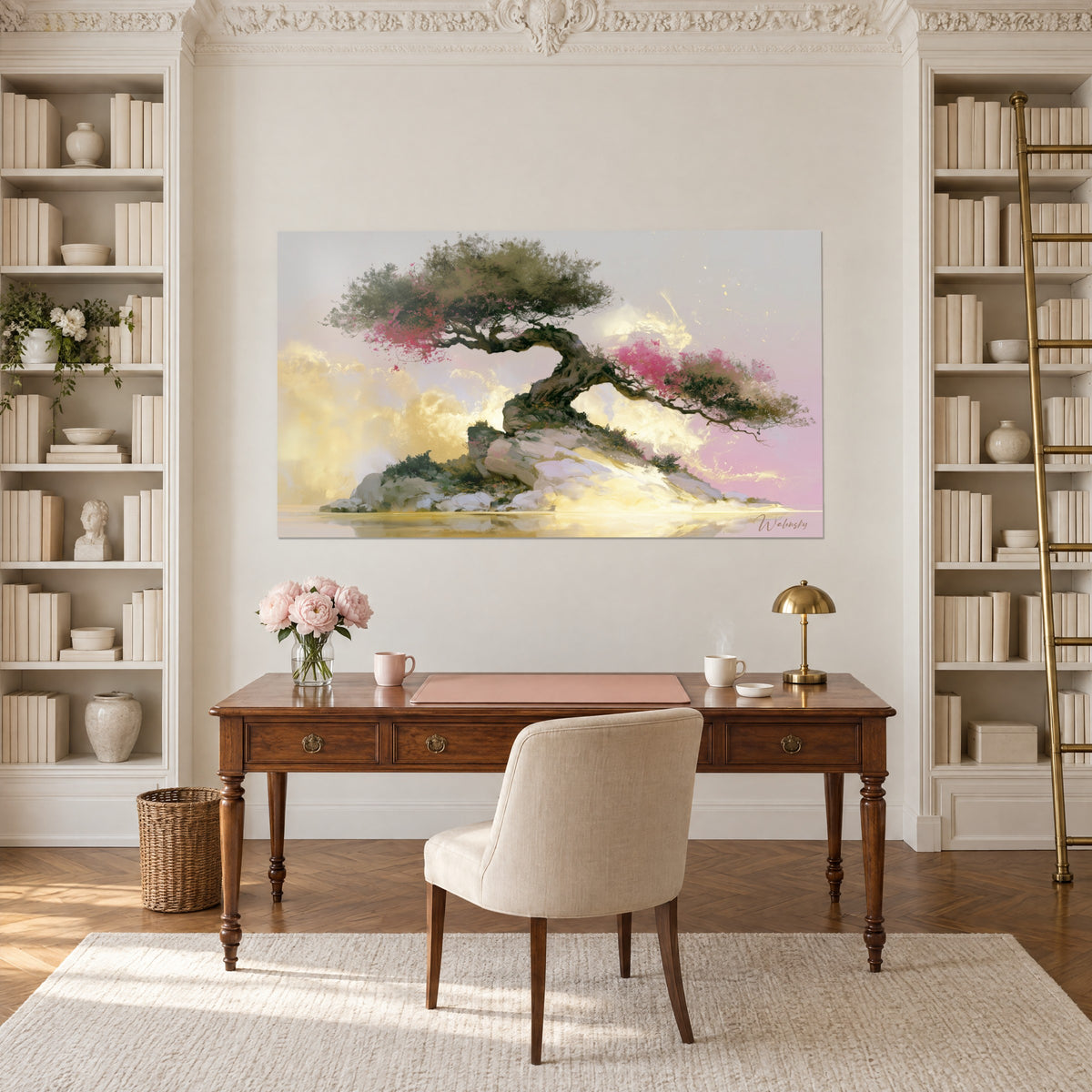 Obraz eleganckiego bonsai, sękaty brązowy pień, intensywnie różowe kwitnienie i złote obłoki, między dwoma regałami na książki, nad biurkiem
